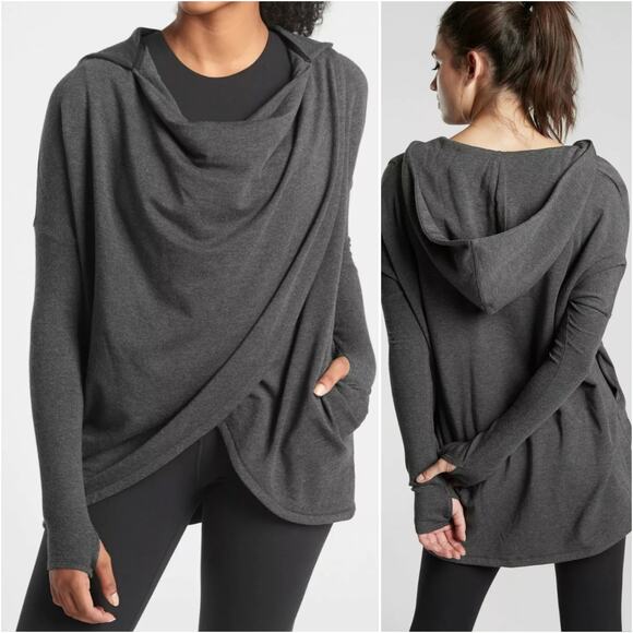 Athleta Purana wrap hoodie sweatshirt draped w pockets longline soft gray tall/m - Picture 1 of 8